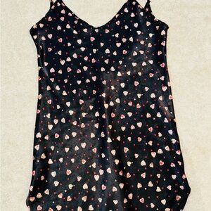 Vintage 90s Y2K Black Pink Floral Heart Silky Babydoll Mini Slip Dress Size L